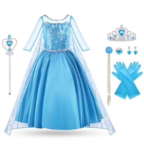 Vicloon Disfraces de Elsa,Disfraz de Princesa Niña con Accesorios,Disfraz de Princesa Elsa para Niña,Disfraz Elsa con Corona y Varita Magica,Niñas Disfraz de princesa,Fiesta de Halloween Disfraces