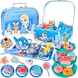 AOUVT 50 Pcs Juego de Té Infantil, Juego de Simulación de la Fiesta del Té de la Princesa de Hielo, Juego de Té con Maleta, Accesorios Cocina Juguetes, Juguete Regalo para Niñas 3 4 5 6 7 8Años